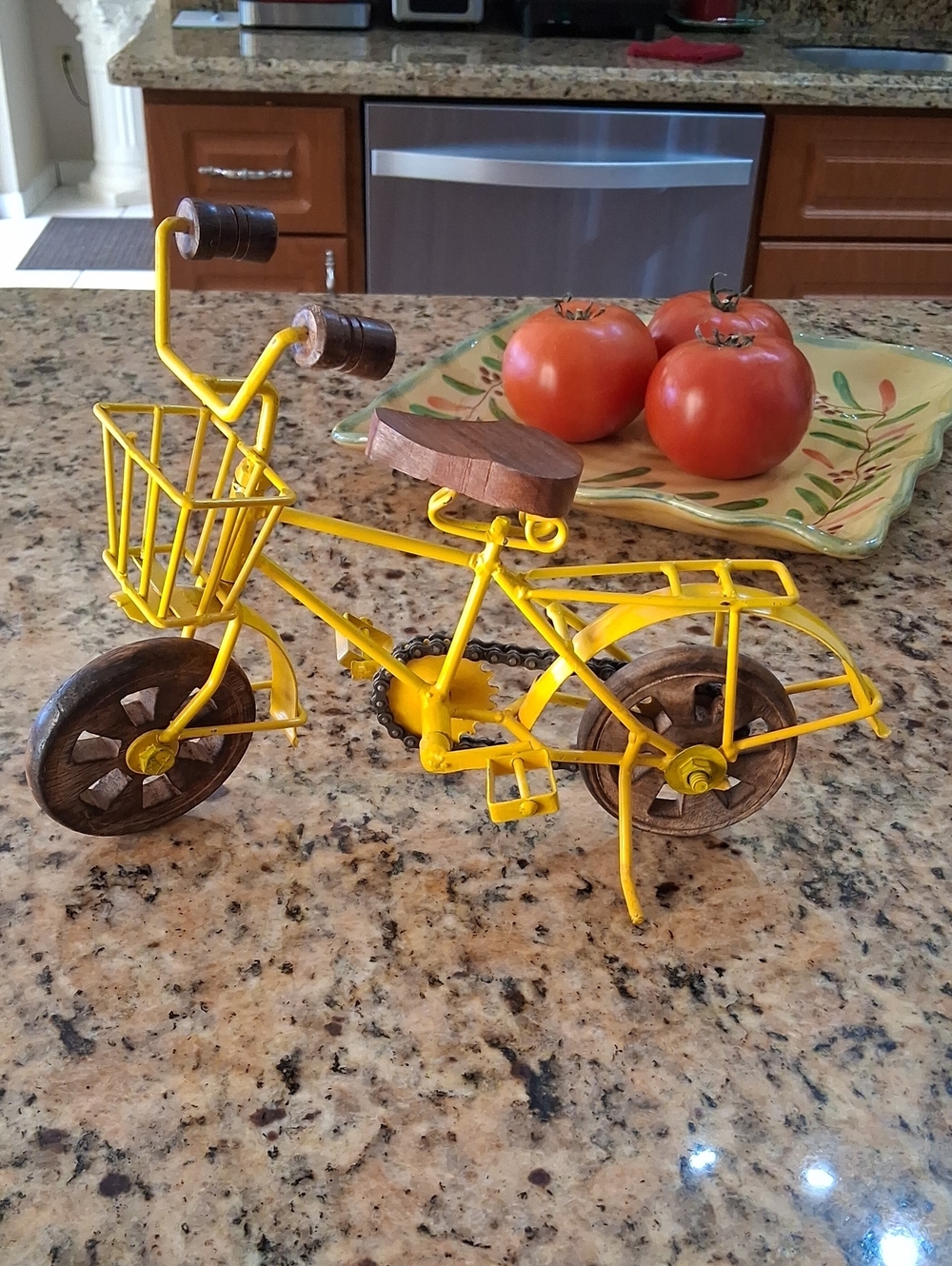 Vintage Yellow Metal & Wood Decorative Tricycle Bike Replica. Brand Unspecified.